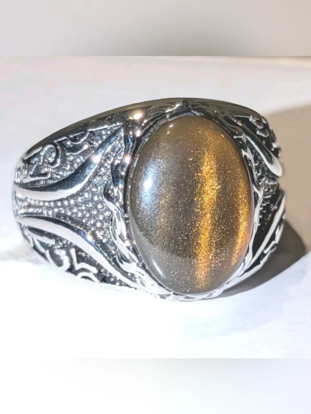 Men Oval Tiger Eye Gemstone Silver Plated Ring , Brown Veined Stone Ring Sz 10